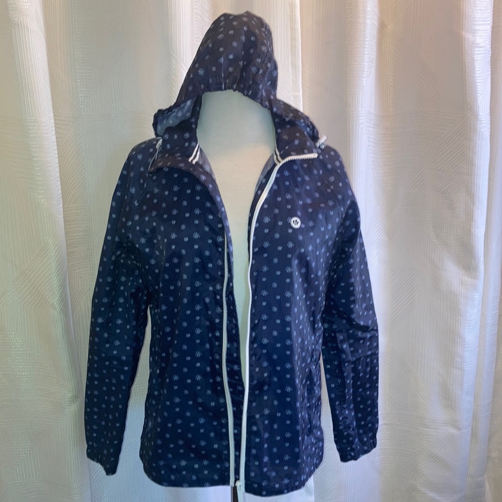 FATFACE Mac Windbreaker Jacket Navy White Hooded Zip Pockets Women’s Sz 10